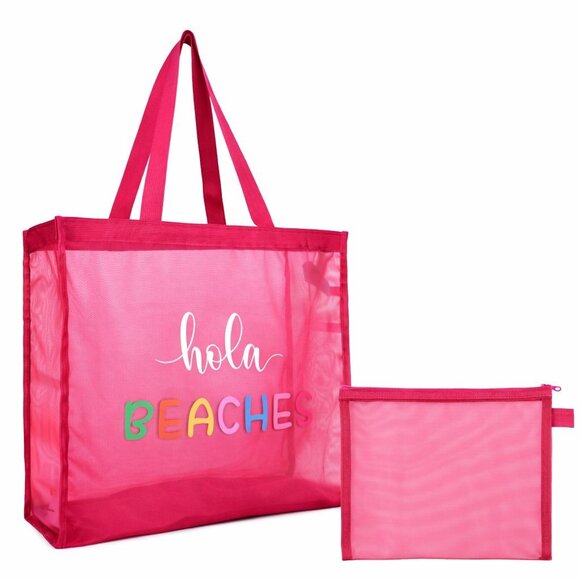 Pink Foldable Mesh Beach Tote Bag 30L Sand Proof with Pouch & Pockets NWT - Picture 1 of 2